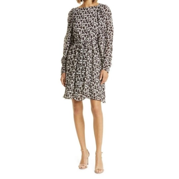 BOSS DUFFI LONG SLEEVE TIE WAIST DRESS IN BLACK COFFEE FANTASY NWT WOMEN'S 6